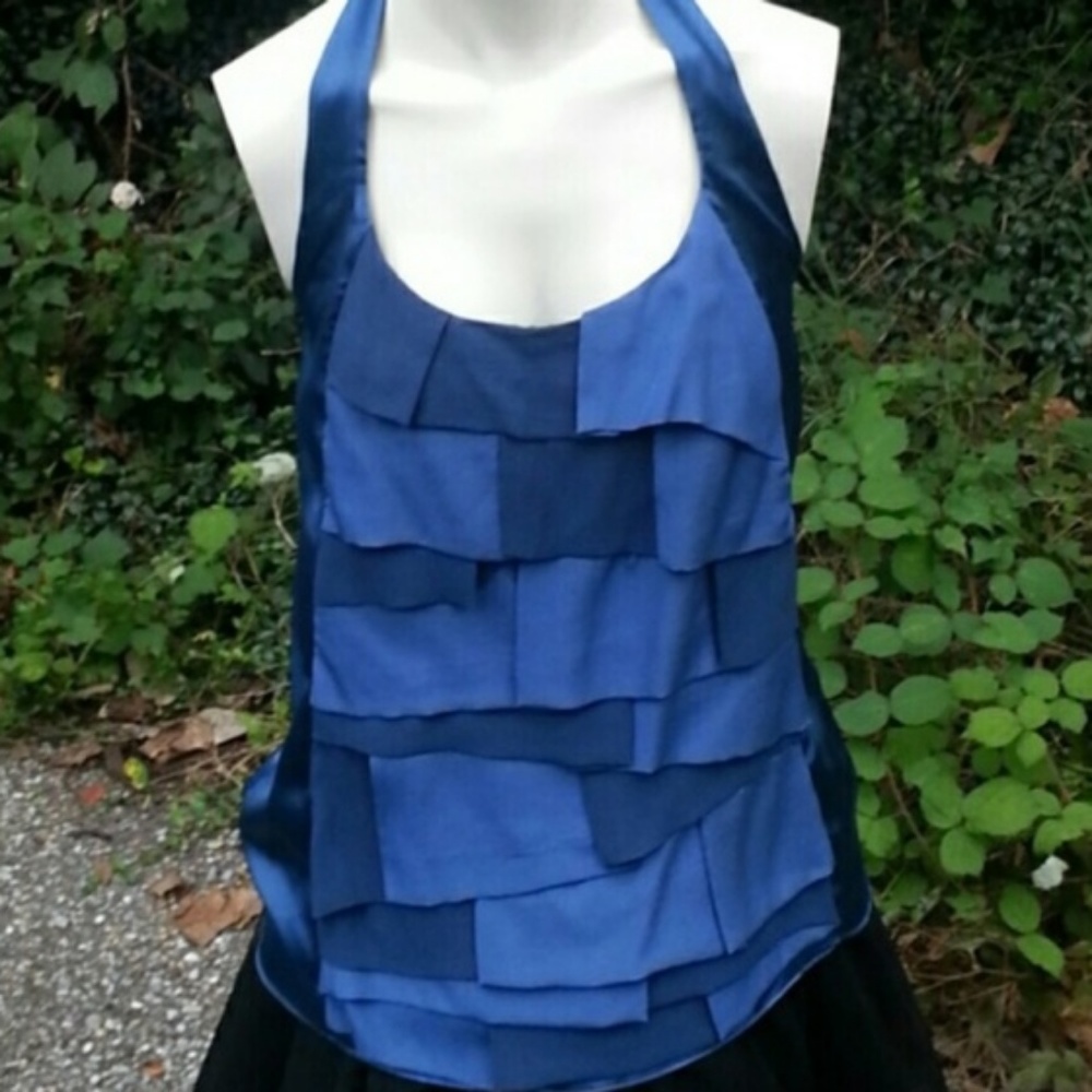MINT Jodi Arnold blue silk ruffled halter top